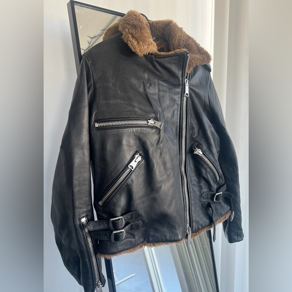 All Saints Black Leather Jacket with Brown Shearling - Picture 5 of 5